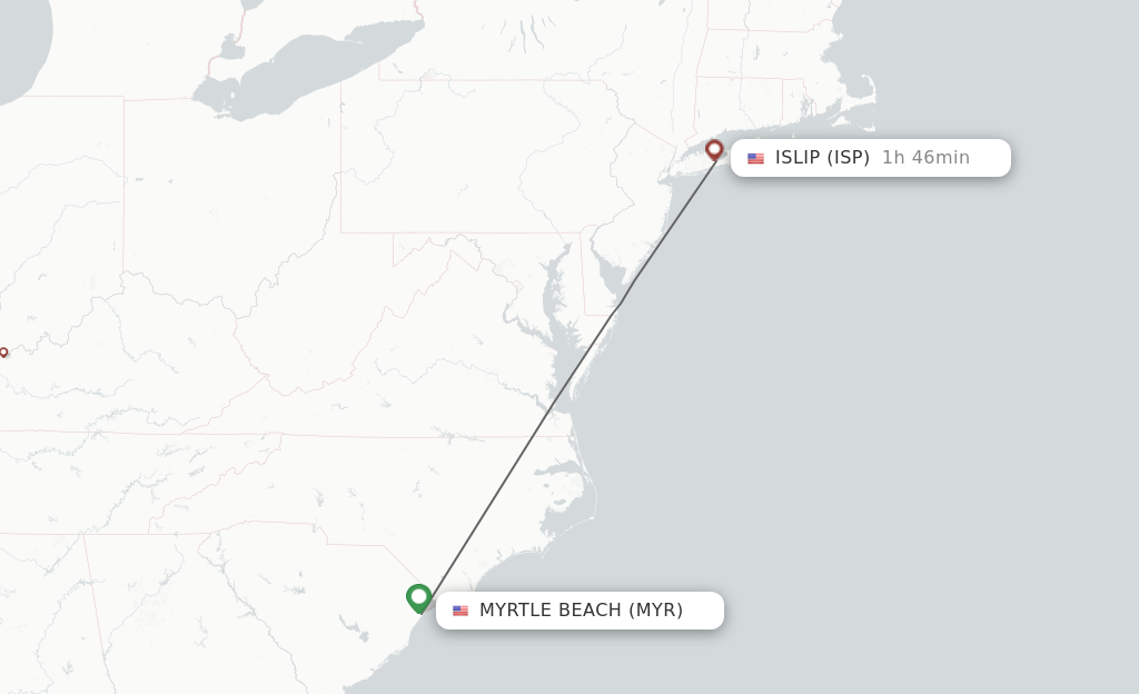 Flights from Myrtle Beach to Islip route map