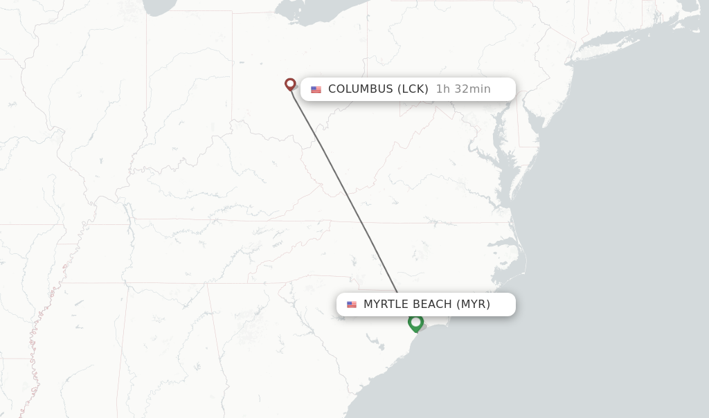 Flights from Myrtle Beach to Columbus route map