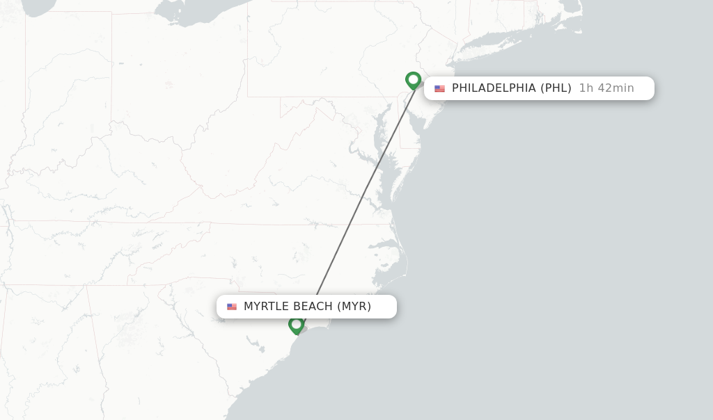 Flights from Myrtle Beach to Philadelphia route map