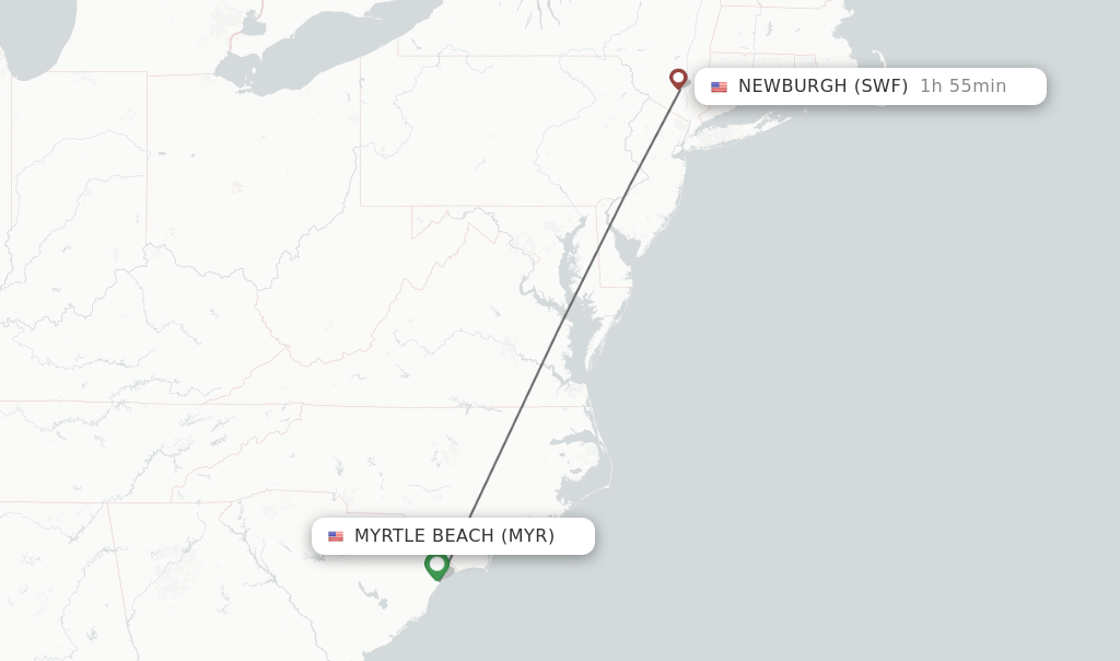 Flights from Myrtle Beach to Newburgh route map