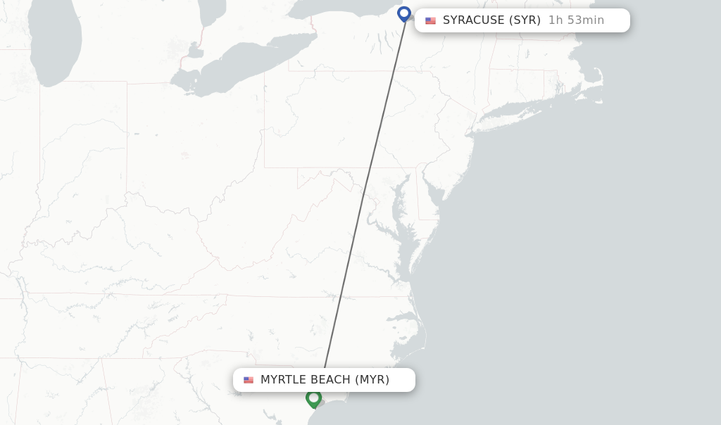 Flights from Myrtle Beach to Syracuse route map