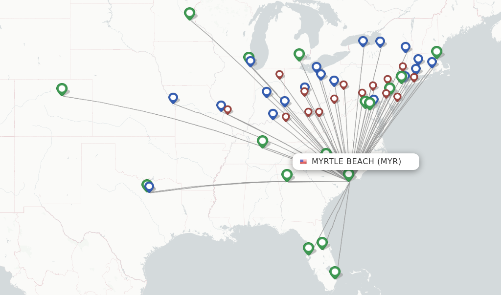 Flights from Myrtle Beach to Providence route map