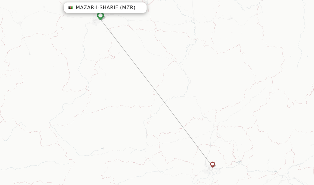 Route map with flights from Mazar-I-Sharif with Ariana