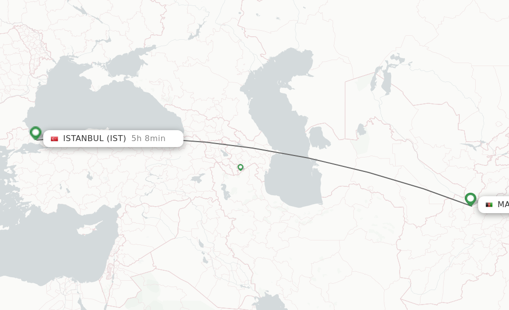 Flights from Mazar-I-Sharif to Istanbul route map