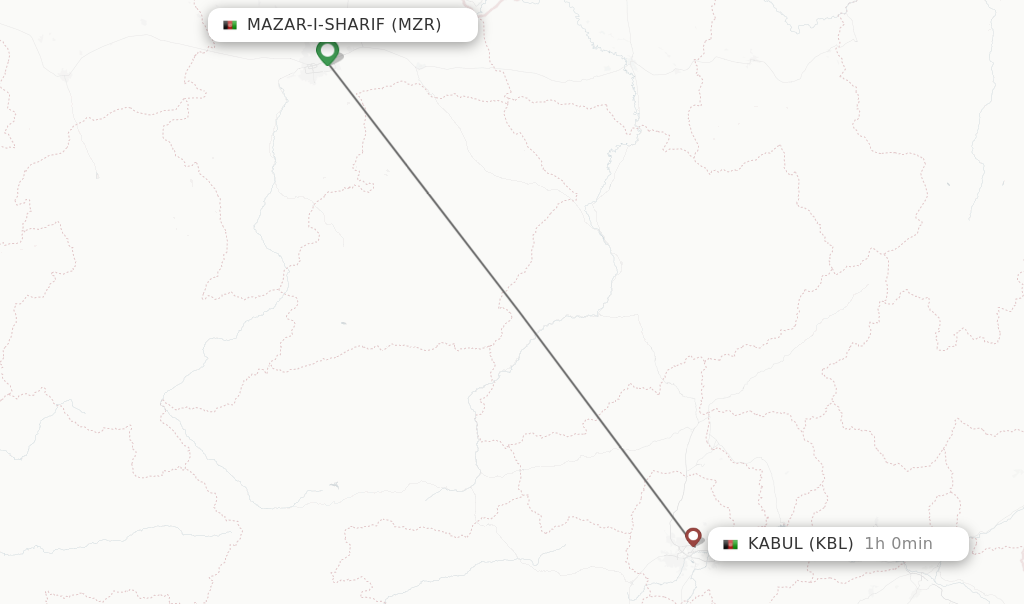 Flights from Mazar-I-Sharif to Kabul route map