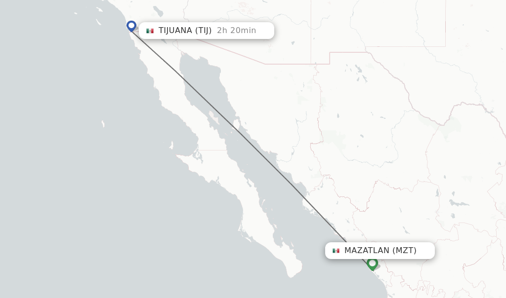 Flights from Mazatlan to Tijuana route map