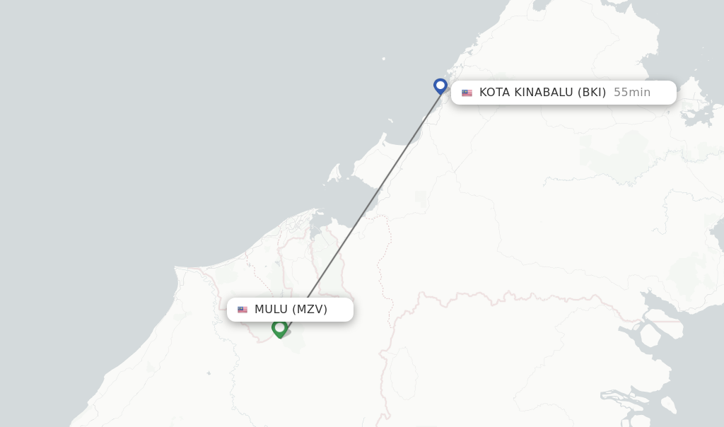 Flights from Mulu to Kota Kinabalu route map
