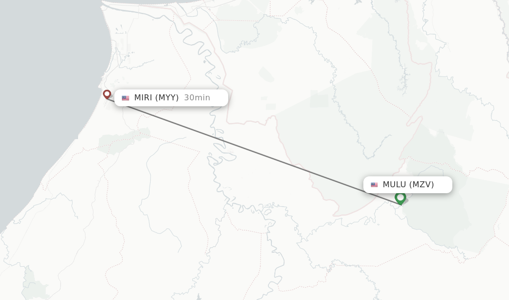 Flights from Mulu to Miri route map