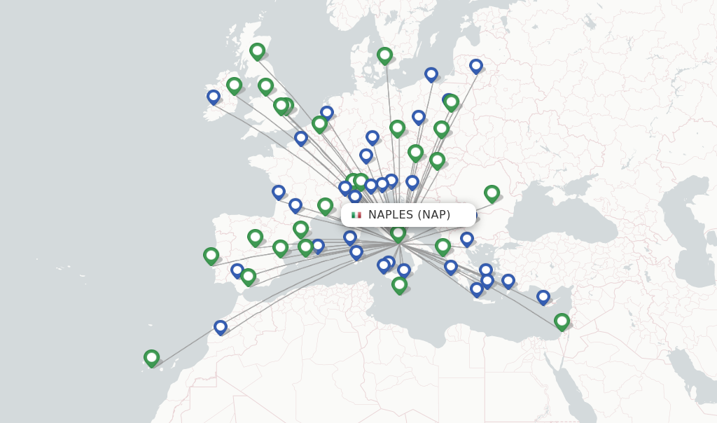 Route map with flights from Naples with Ryanair