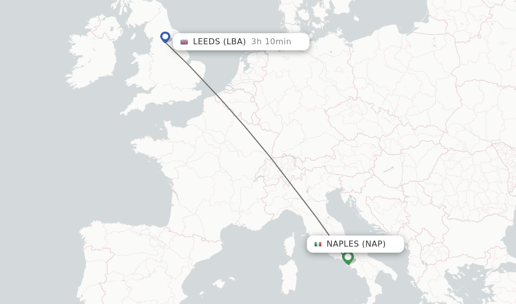 Flights from Naples to Leeds route map
