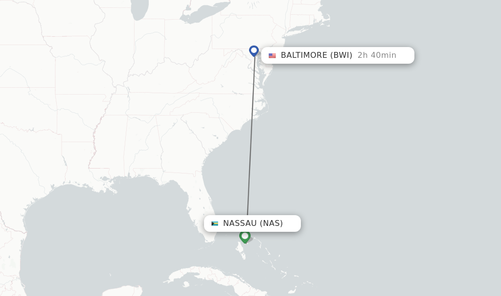 Flights from Nassau to Baltimore route map