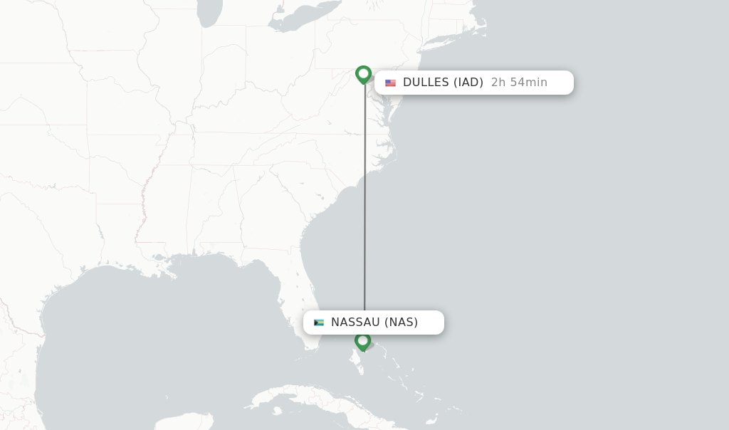 Flights from Nassau to Dulles route map