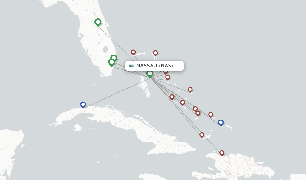 Route map with flights from Nassau with Bahamasair