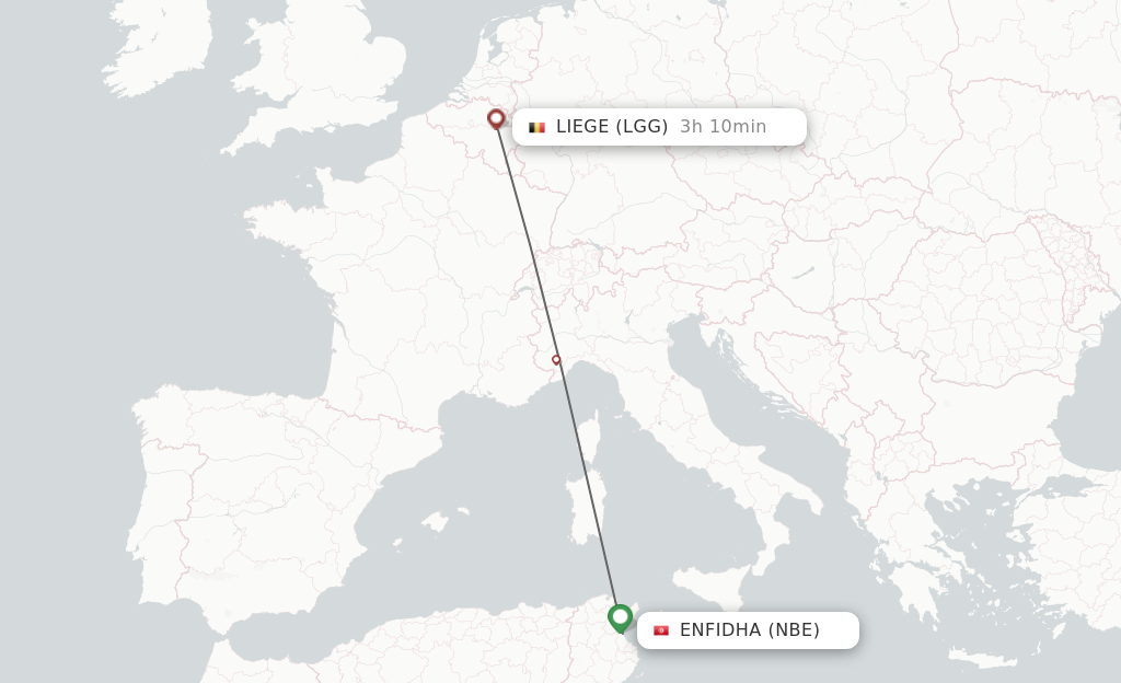 Flights from Liege to Enfidha route map