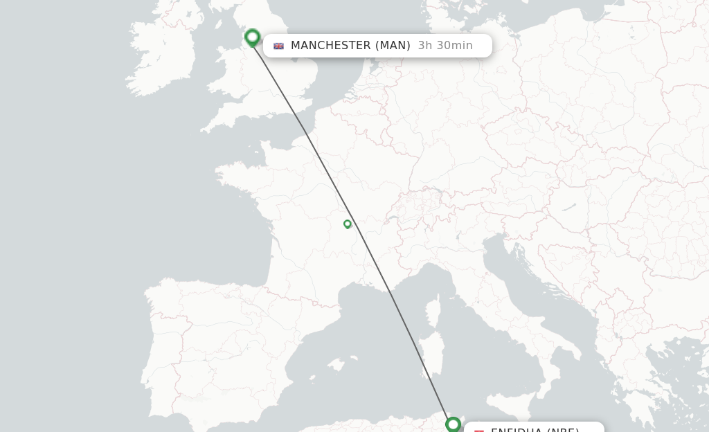 Flights from Enfidha to Manchester route map