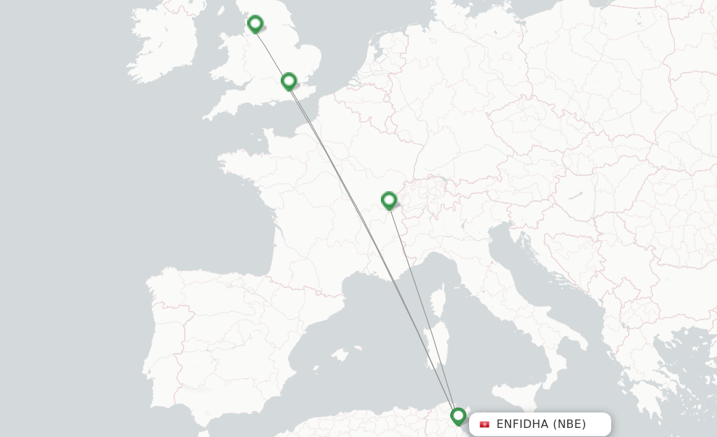 Route map with flights from Enfidha with easyJet
