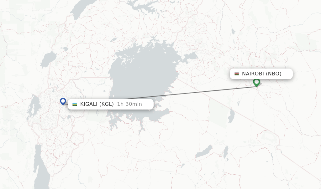 Flights from Nairobi to Kigali route map