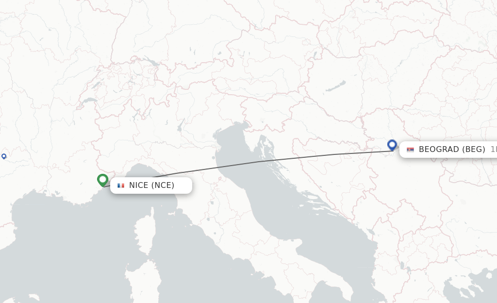 Flights from Nice to Belgrade route map
