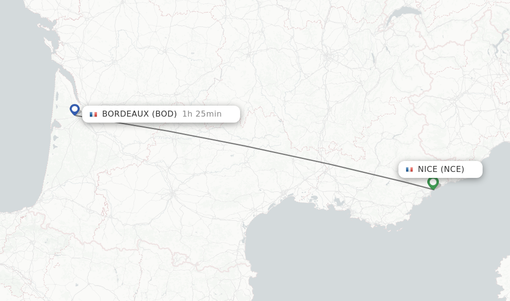 Flights from Nice to Bordeaux route map