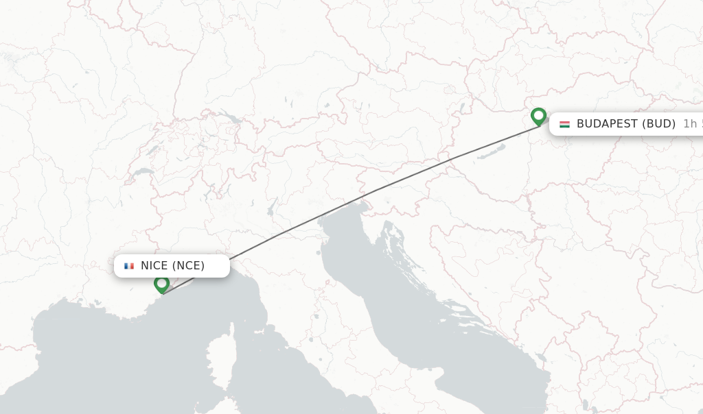 Flights from Nice to Budapest route map