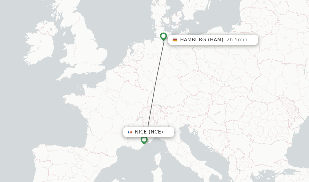 Flights from Nice to Hamburg route map