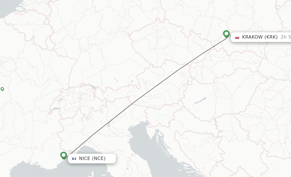 Flights from Nice to Krakow route map