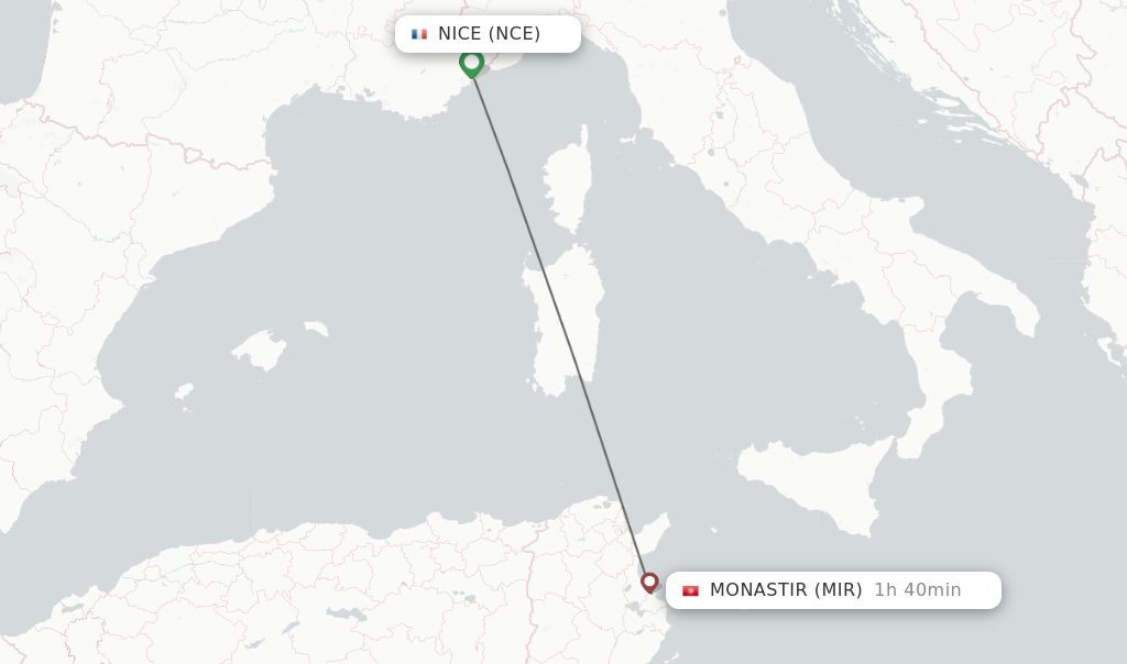 Flights from Nice to Monastir route map