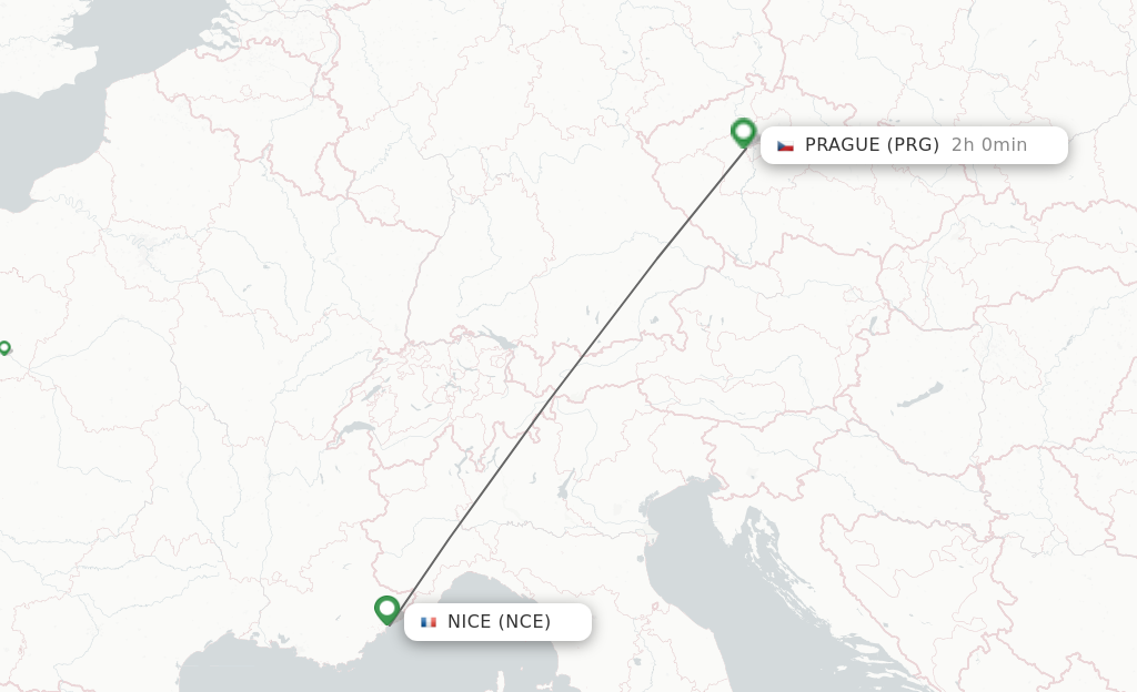 Flights from Nice to Prague route map