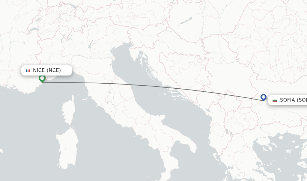 Flights from Nice to Sofia route map