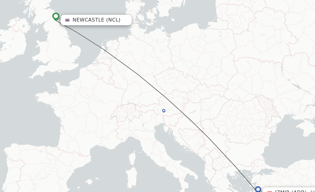 Flights from Newcastle to Izmir route map