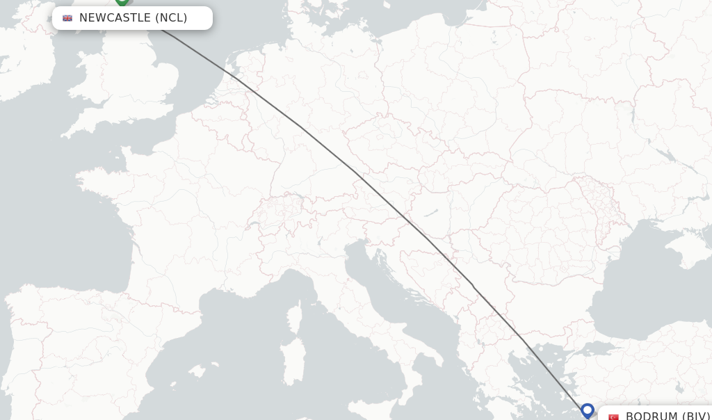 Flights from Newcastle to Bodrum route map