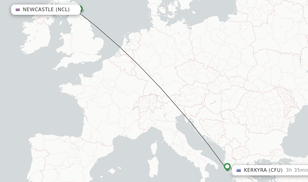 Flights from Newcastle to Kerkyra route map