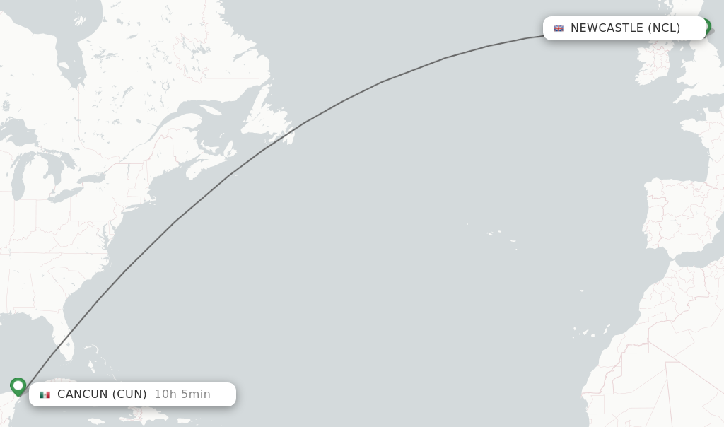 Flights from Newcastle to Cancun route map