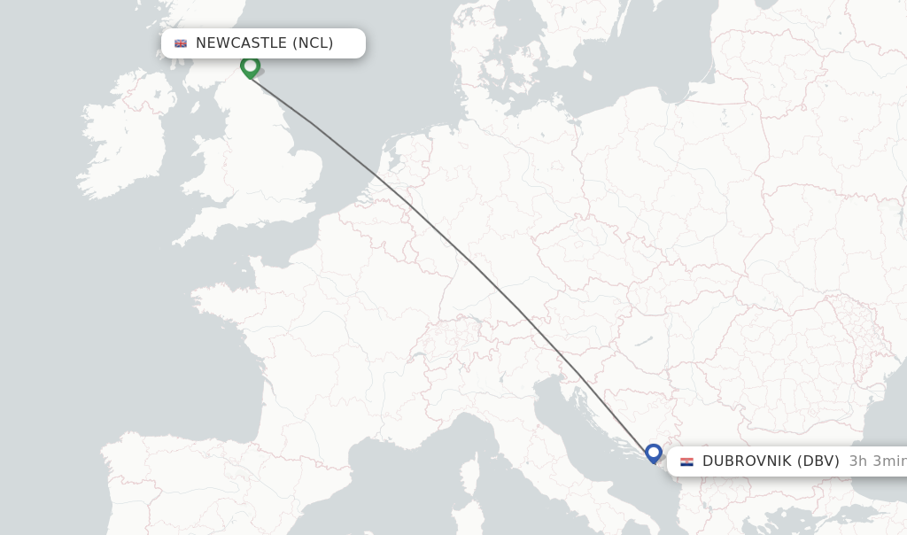 Flights from Newcastle to Dubrovnik route map