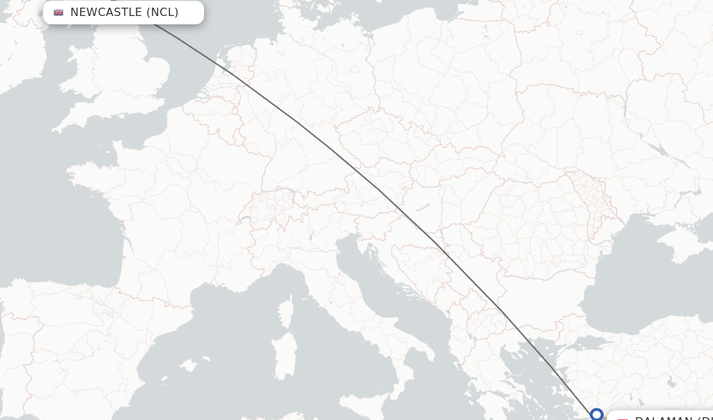 Flights from Newcastle to Dalaman route map