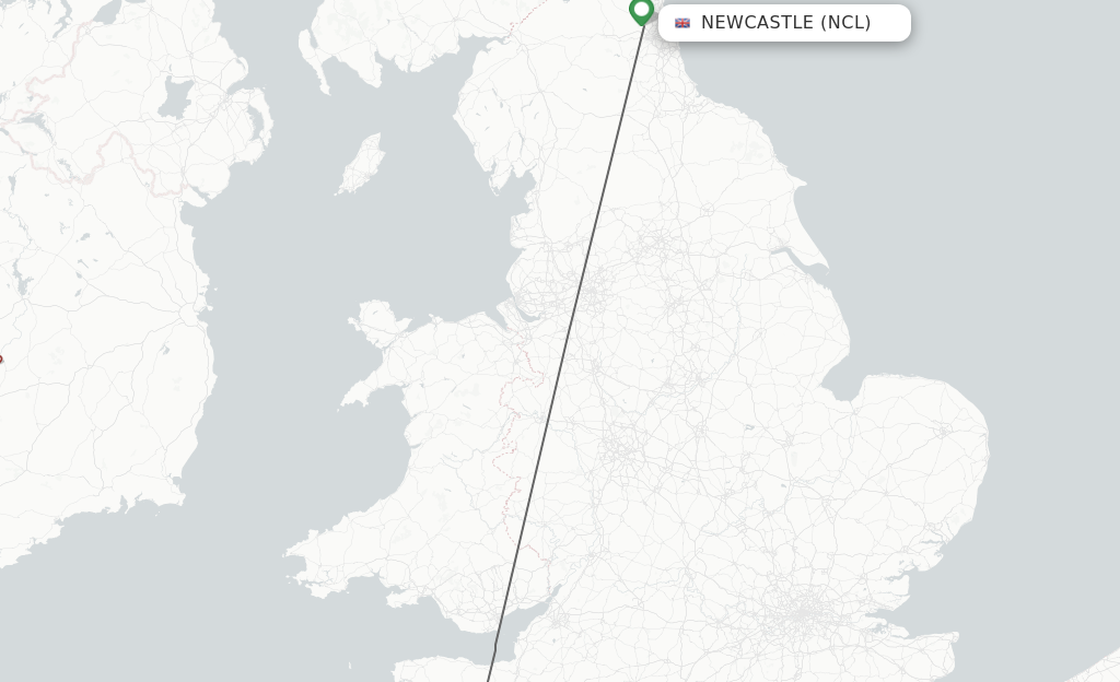 Flights from Newcastle to Exeter route map