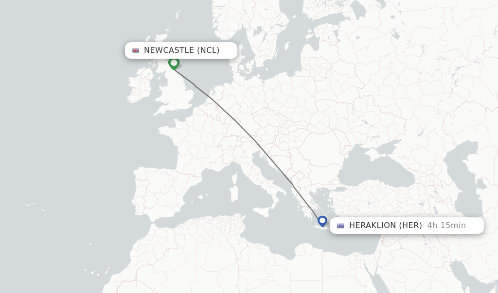 Flights from Newcastle to Heraklion route map