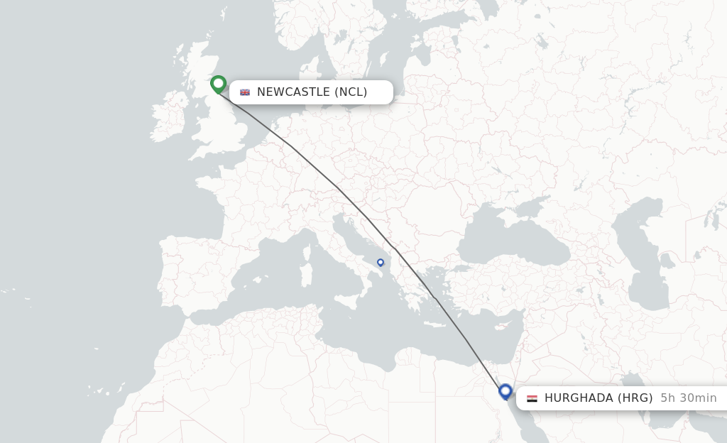Flights from Newcastle to Hurghada route map