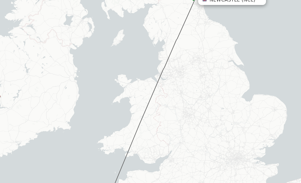 Flights from Newcastle to Newquay route map