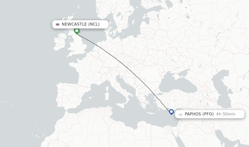 Flights from Newcastle to Paphos route map