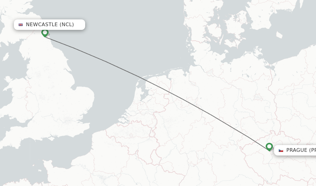 Flights from Newcastle to Prague route map
