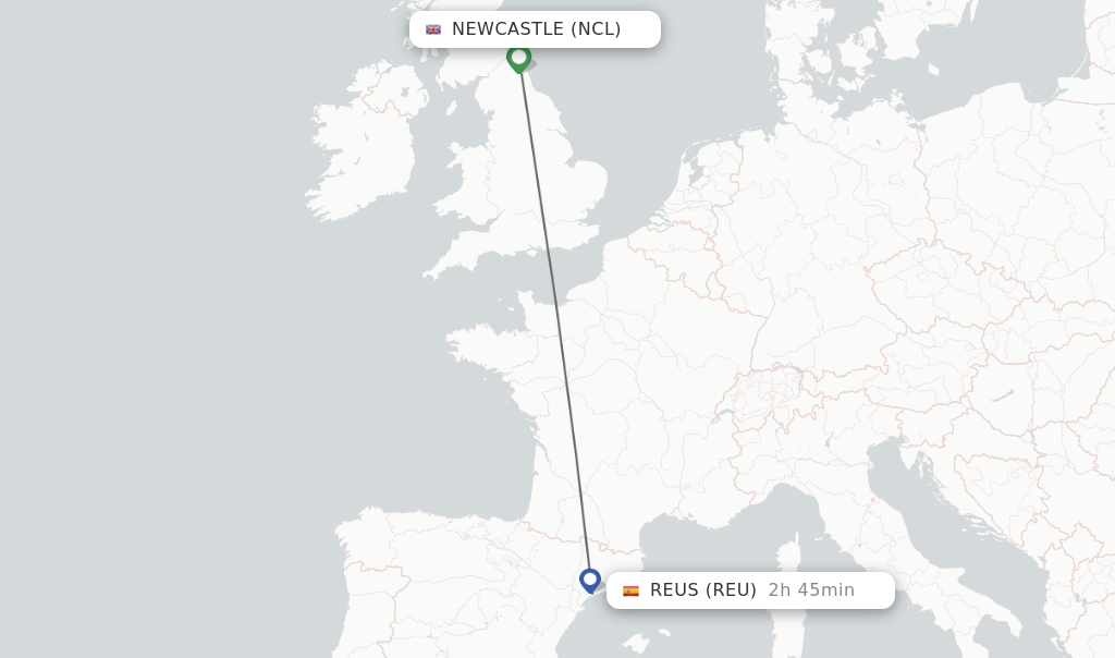 Flights from Newcastle to Reus route map
