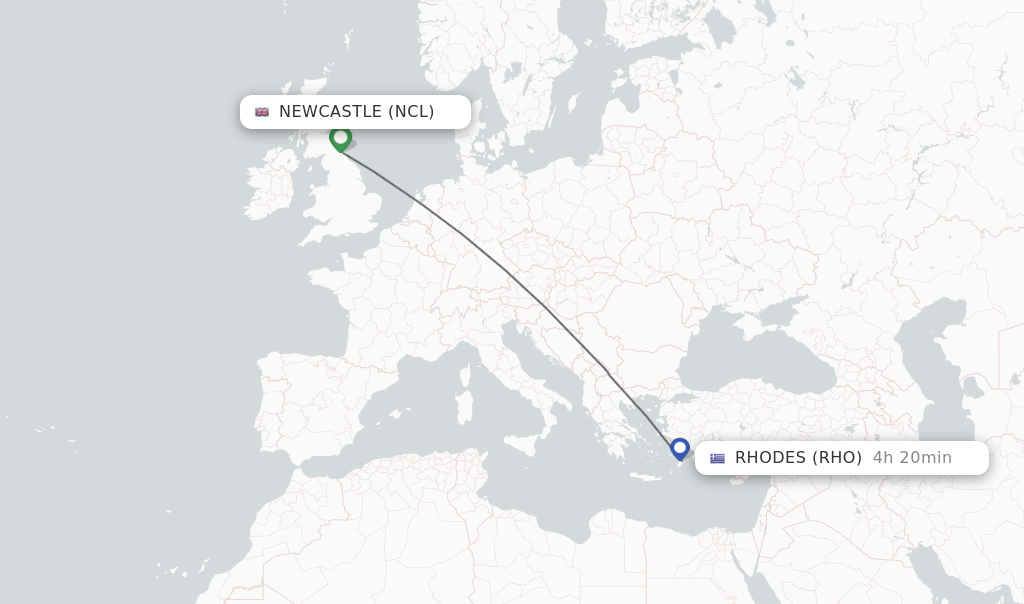 Flights from Newcastle to Rhodes route map