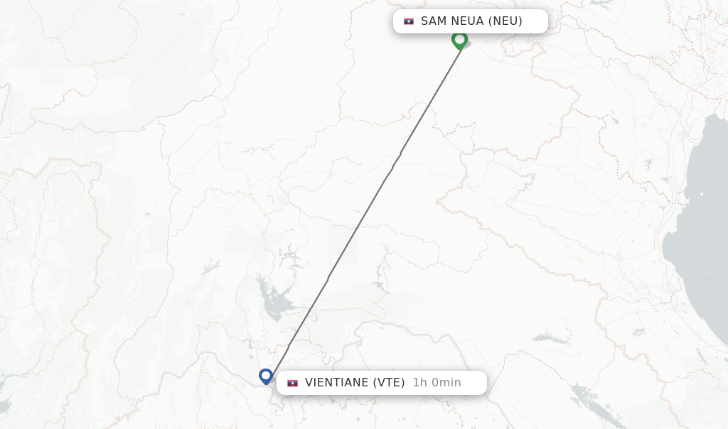 Flights from Sam Neua to Vientiane route map