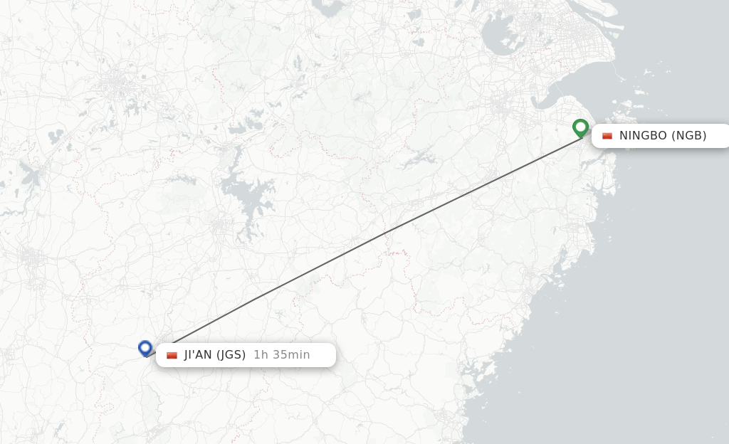 Flights from Ningbo to Ji'An route map