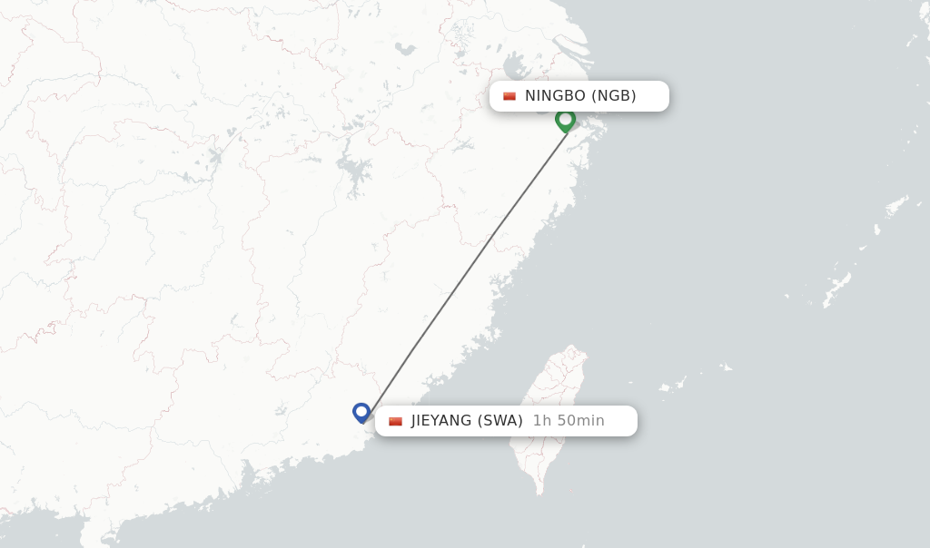 Flights from Ningbo to Jieyang route map