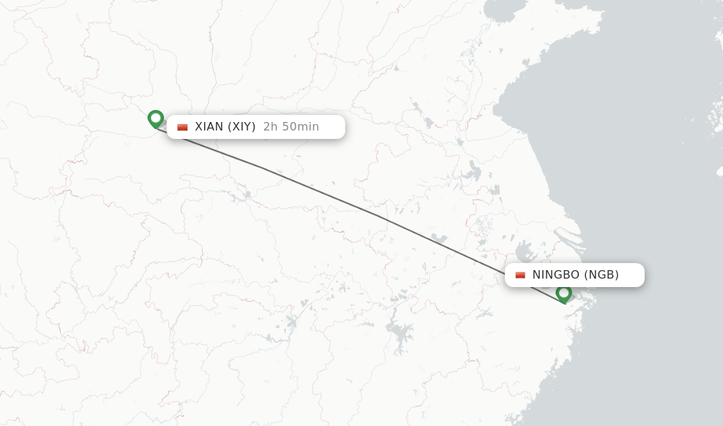 Flights from Ningbo to Xian route map