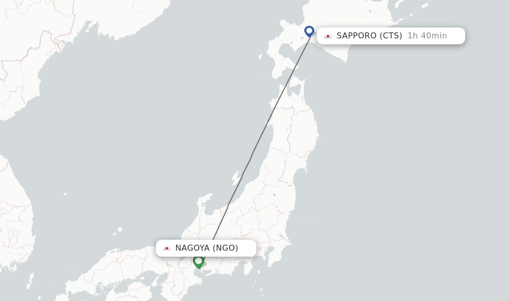 Flights from Nagoya to Sapporo route map