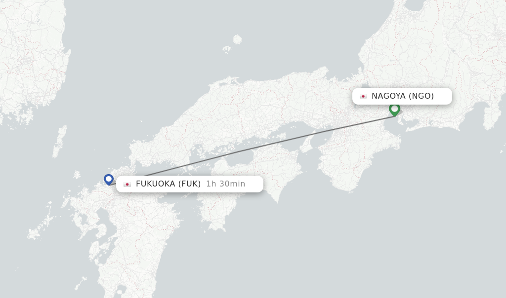 Flights from Nagoya to Fukuoka route map