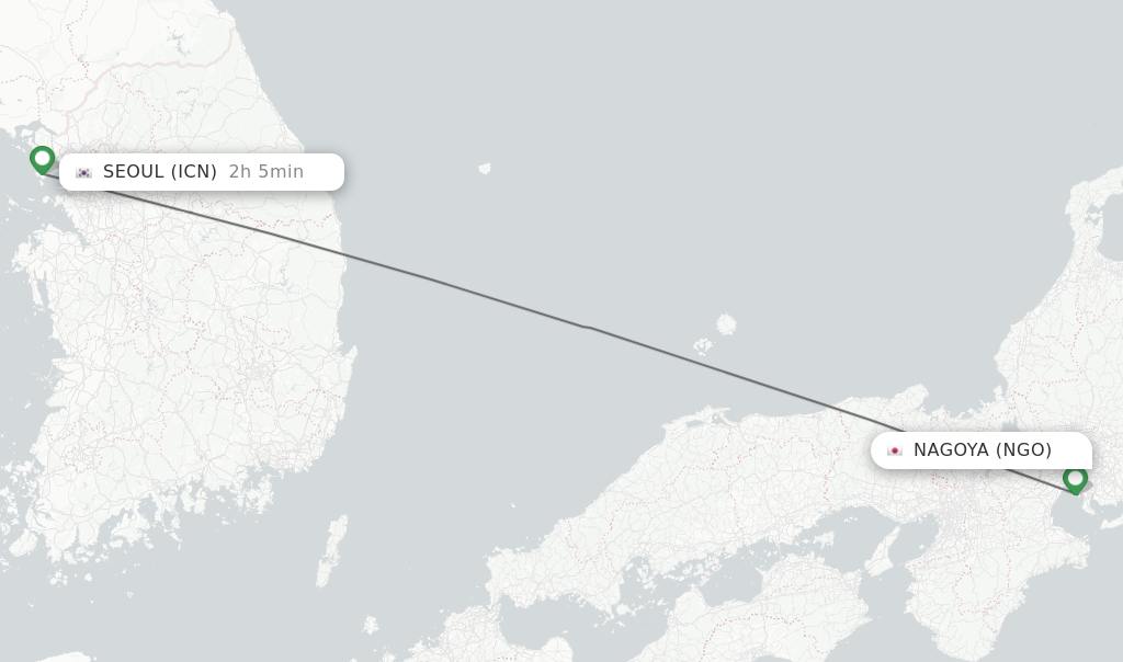 Flights from Nagoya to Seoul route map